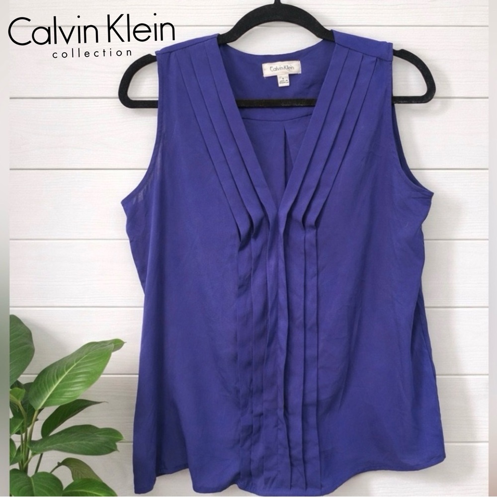 💜💜👉 Calvin Klein Purple Pleated Ruffle Tank Top – Size Small Sleeveless Blouse - Picture 2 of 4
